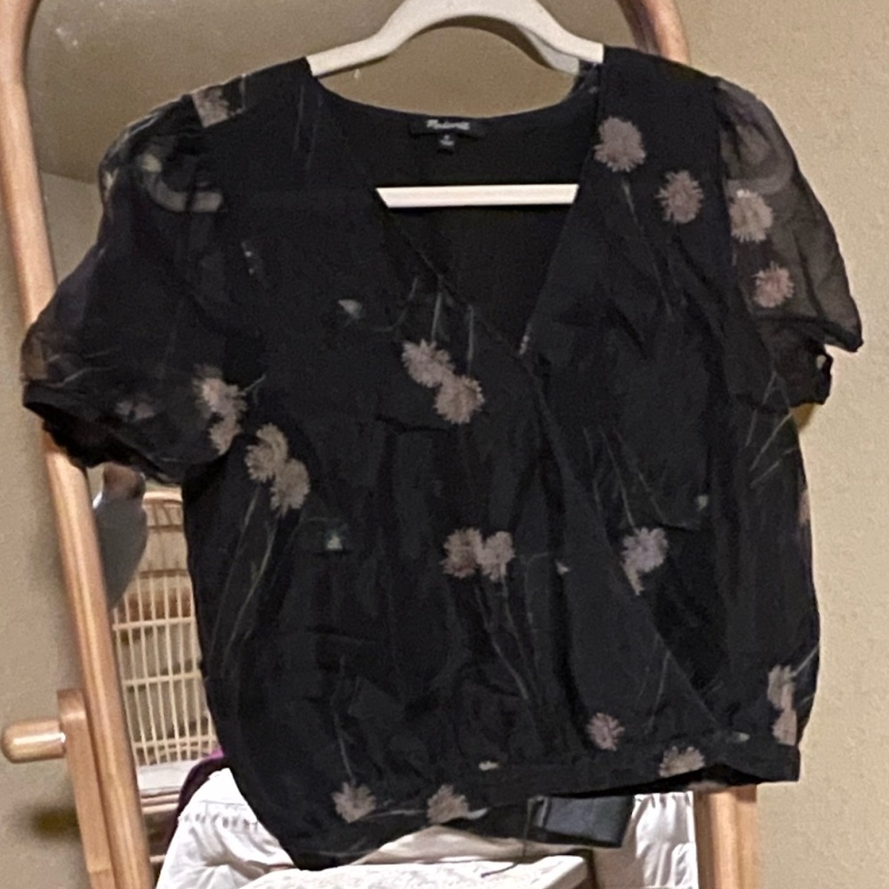 Black and Floral Faux Wrap Blouse